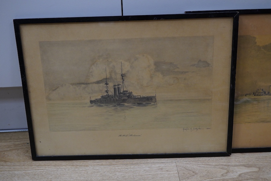 Harold H. Swayne (20th. C), maritime scenes to include ‘HMS Falcon off the Belgian Coast, 1914’, each signed, dated 1934 and inscribed, set of four pencil sketches, 28 x 40cm